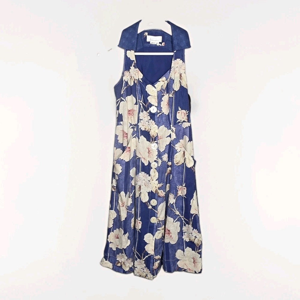 Anthropologie Camellia Collared Dress Blue Floral Print Sz 4 Linen Blend Y2K